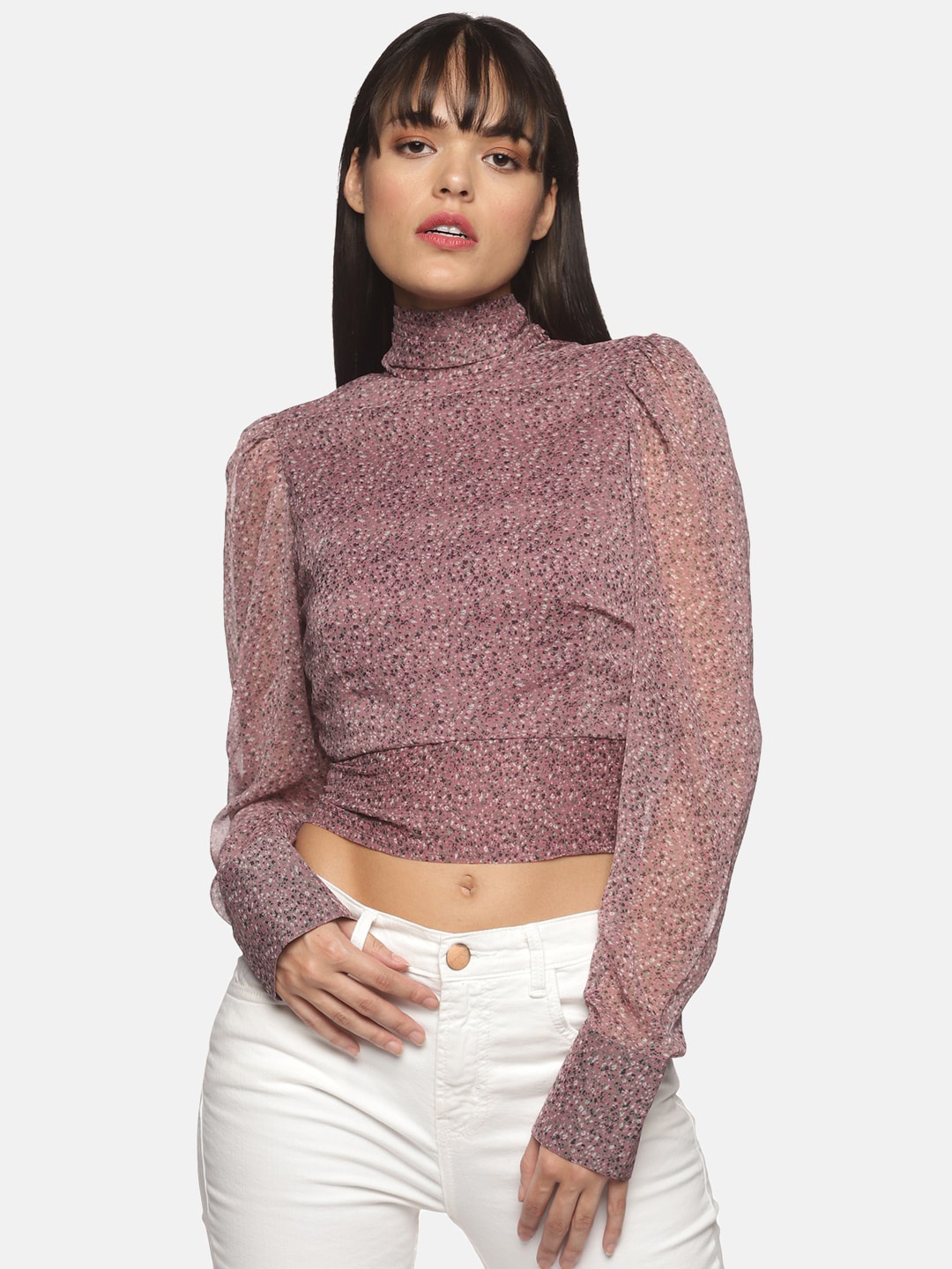 

ISU Rose Pink & Green Print Chiffon Crop Top