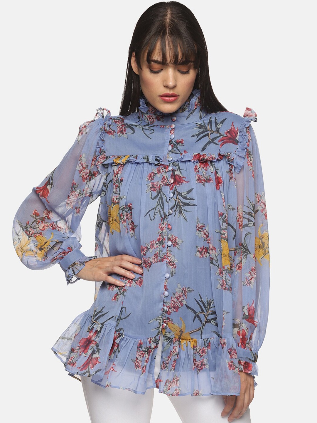 

ISU Women Blue Floral Printed Ruffles Top