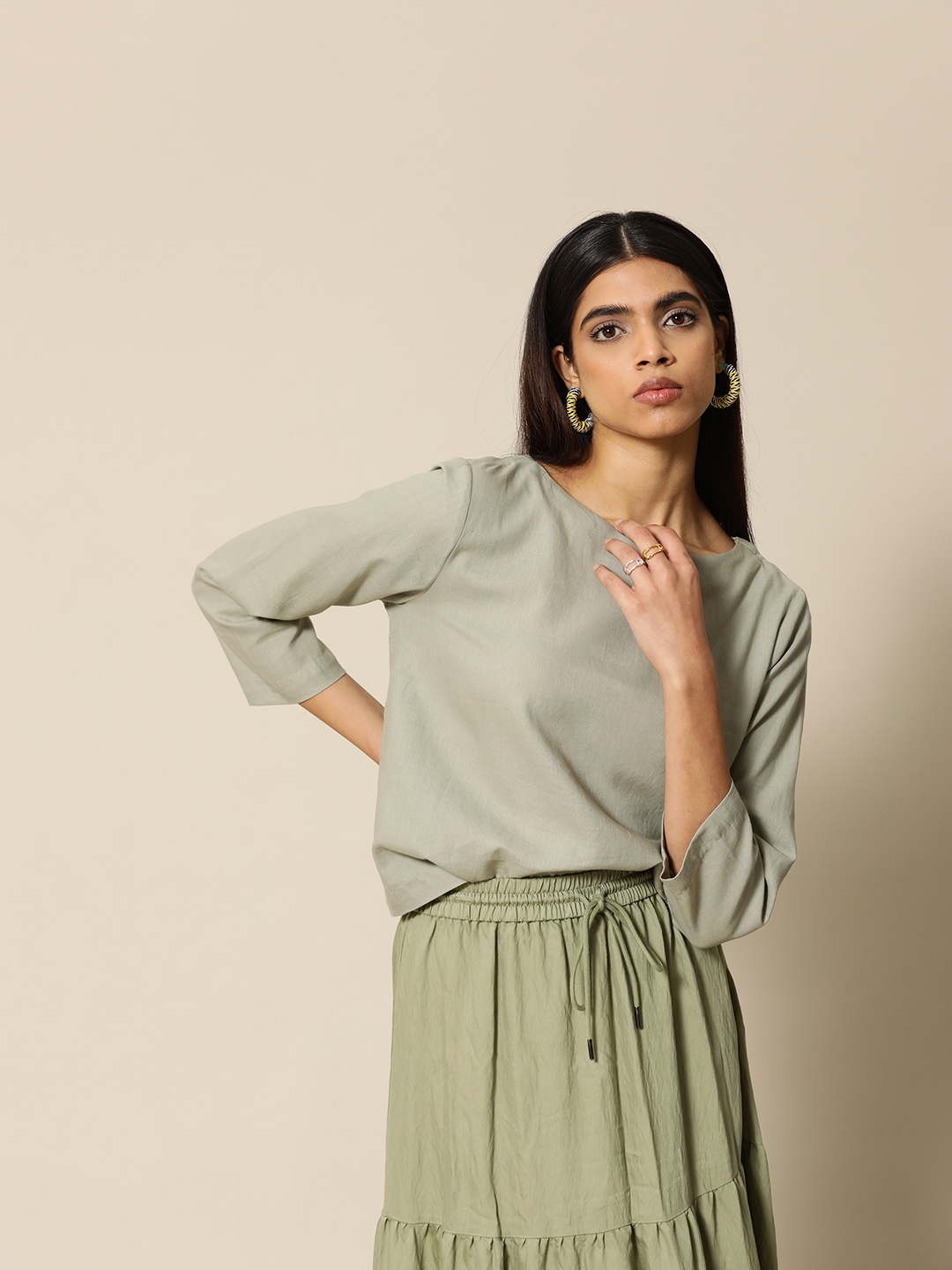 

BOWER Women Green Solid Cotton Top