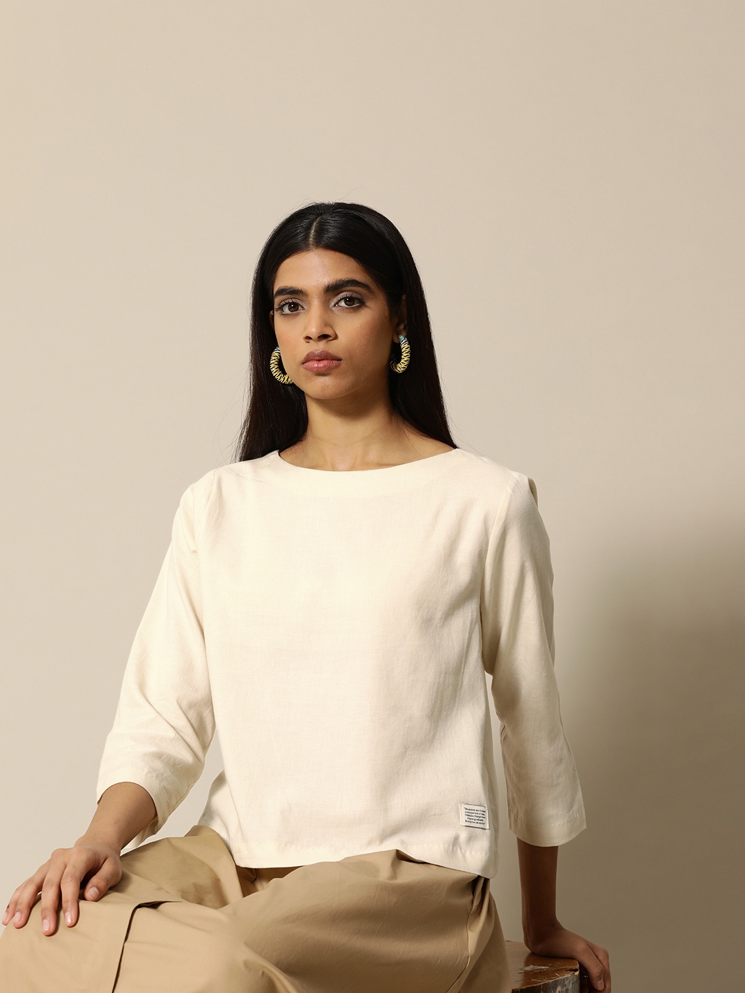 

BOWER Women Off White Solid Cotton Top