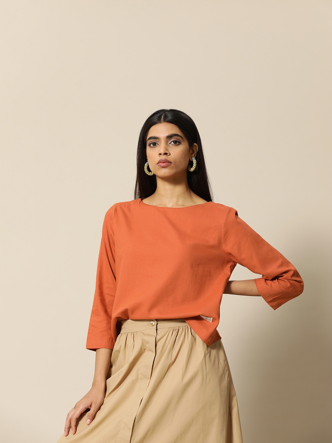 

BOWER Women Rust Orange Solid Cotton Top