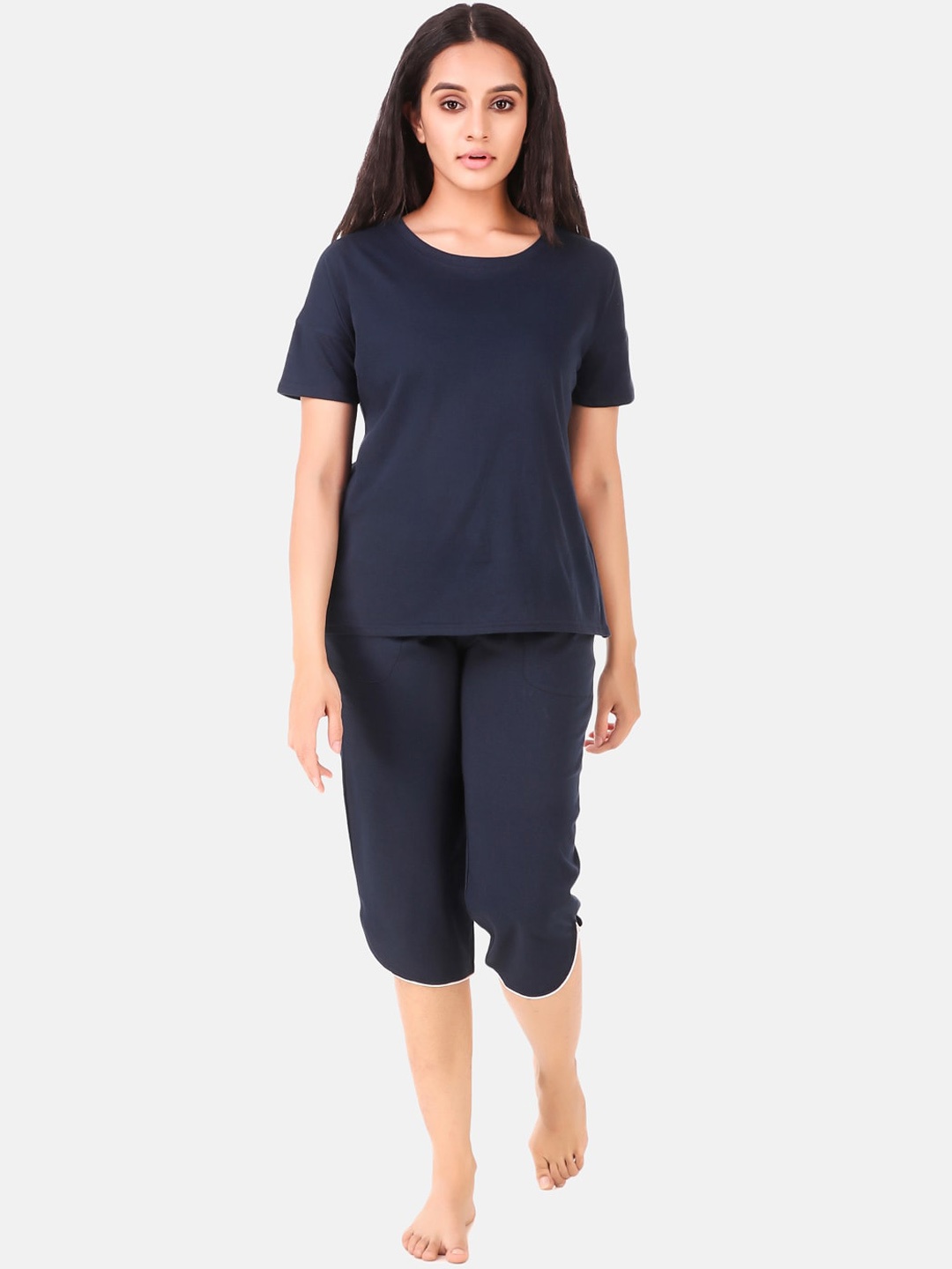 

Masha Women Navy Blue Solid Cotton Night suit
