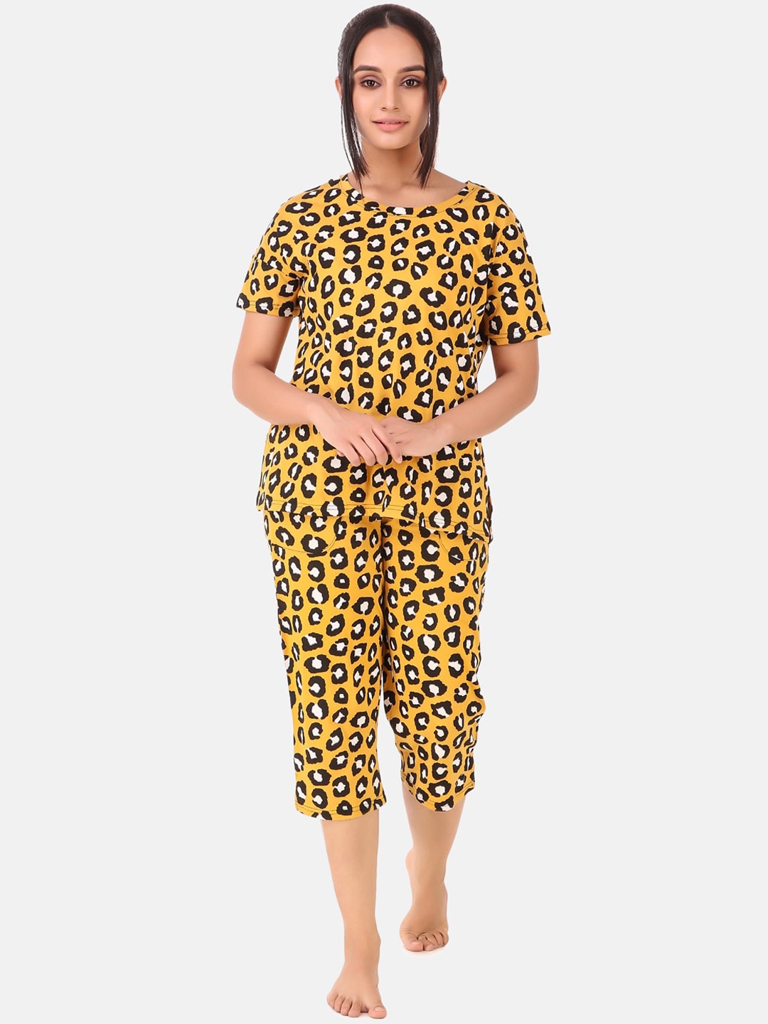 

Masha Women Yellow & Black Printed Cotton Night suit