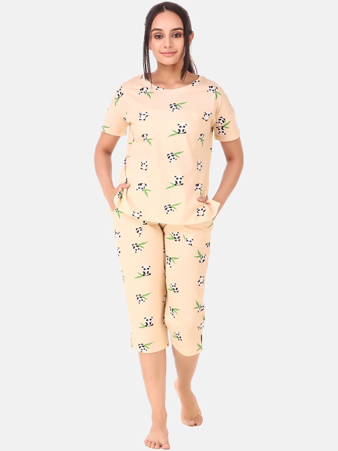 

Masha Women Peach-Coloured & Black Printed Pure Cotton Night suit