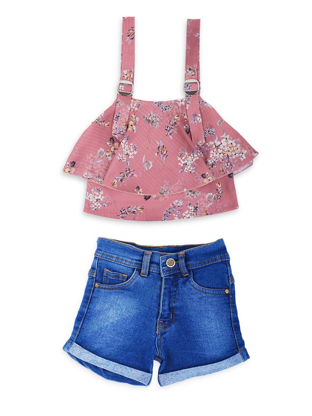

ADIVA Girls Peach Floral Print Top & Denim Shorts Clothing Set