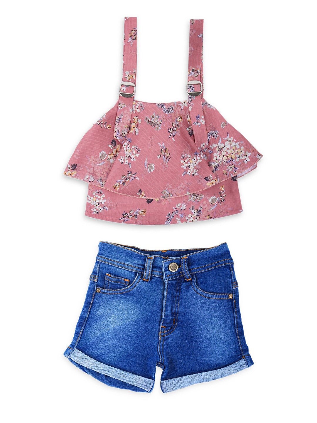 

ADIVA Girls Peach-Coloured & Blue Printed Top with Shorts