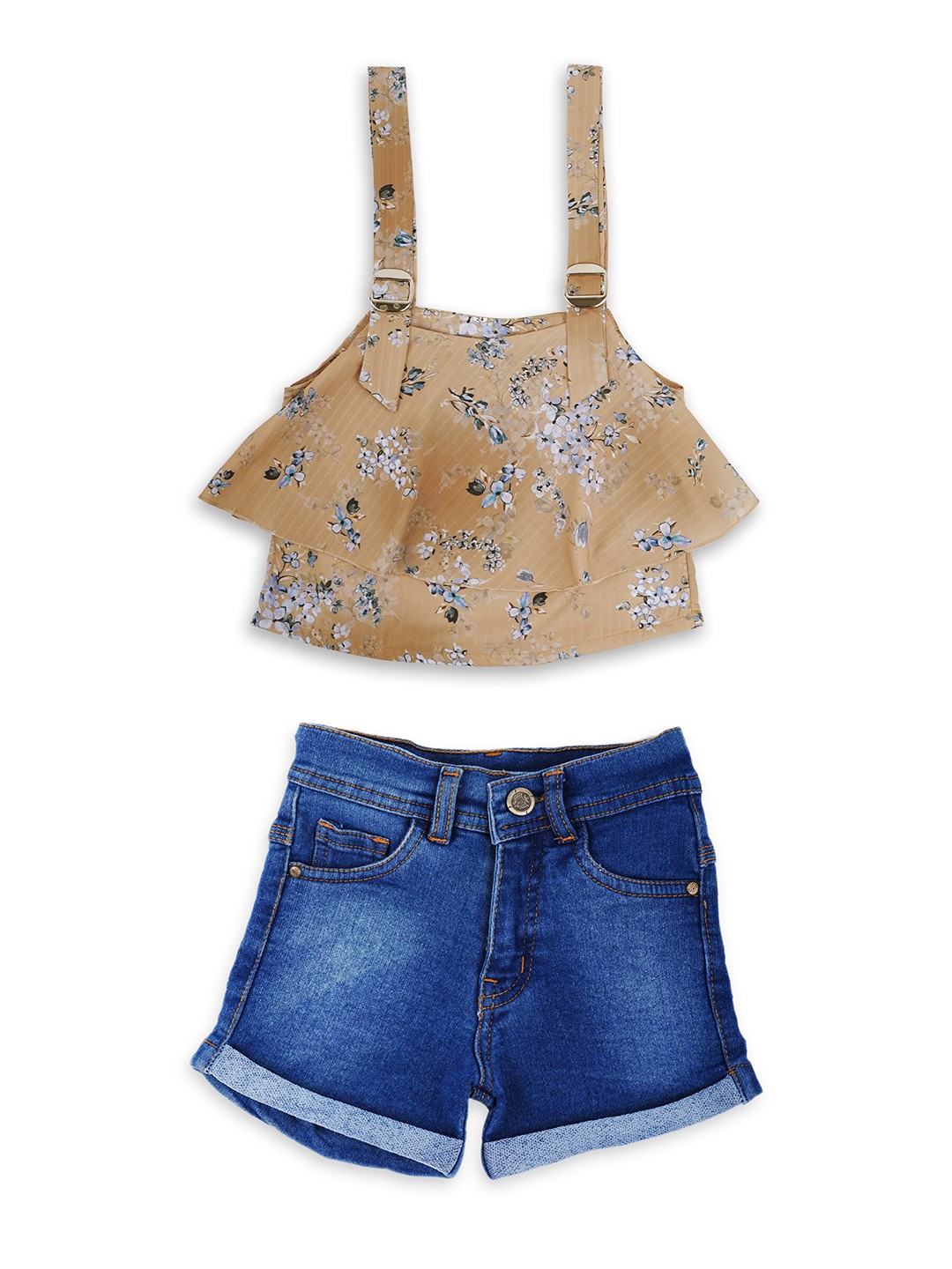 

ADIVA Girls Beige & Blue Printed Top with Shorts