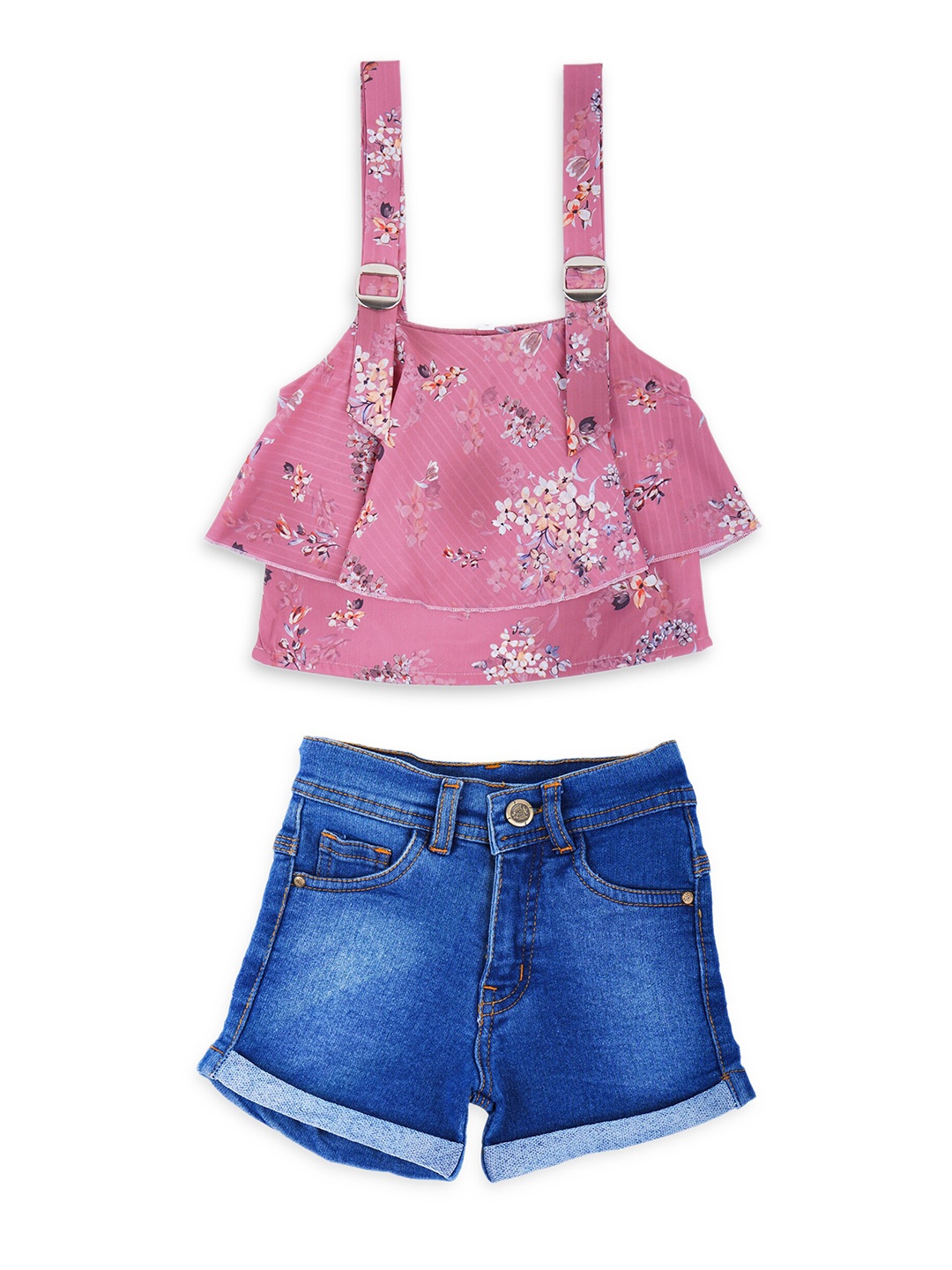 

ADIVA Girls Pink & Blue Printed Top with Shorts