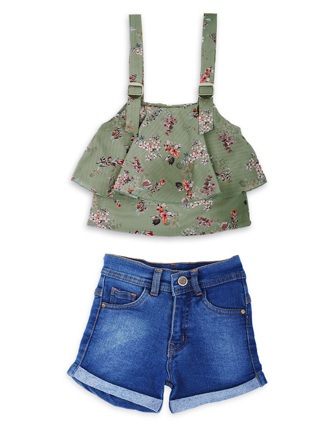 

ADIVA Girls Green & Blue Printed Top with Shorts