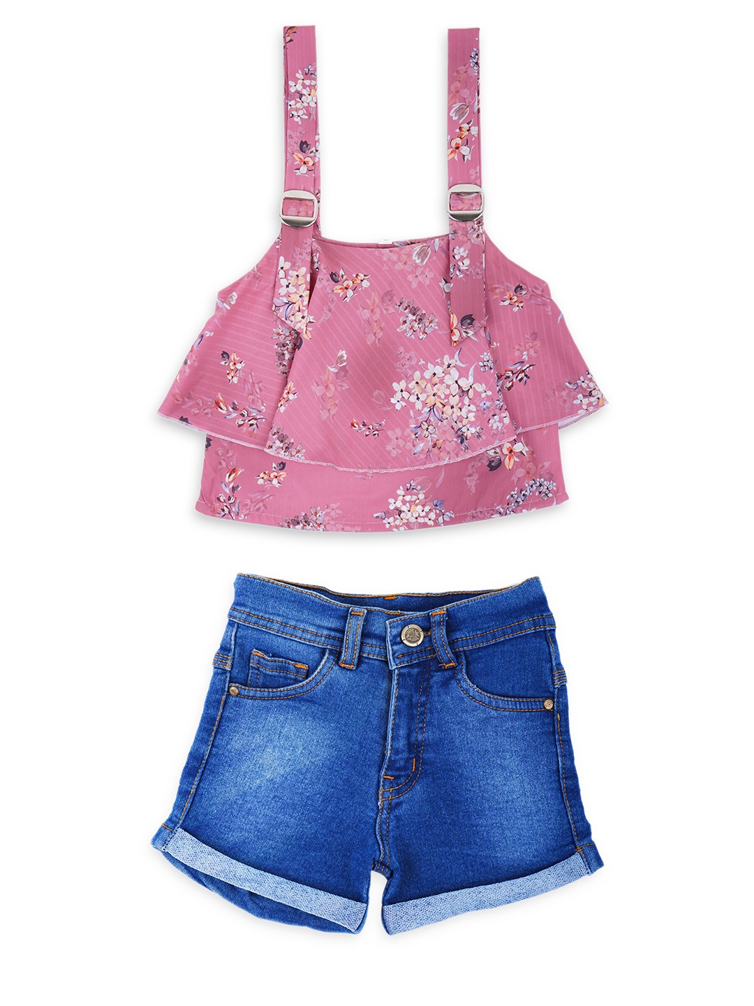 

ADIVA Girls Pink & Blue Printed Top with Shorts
