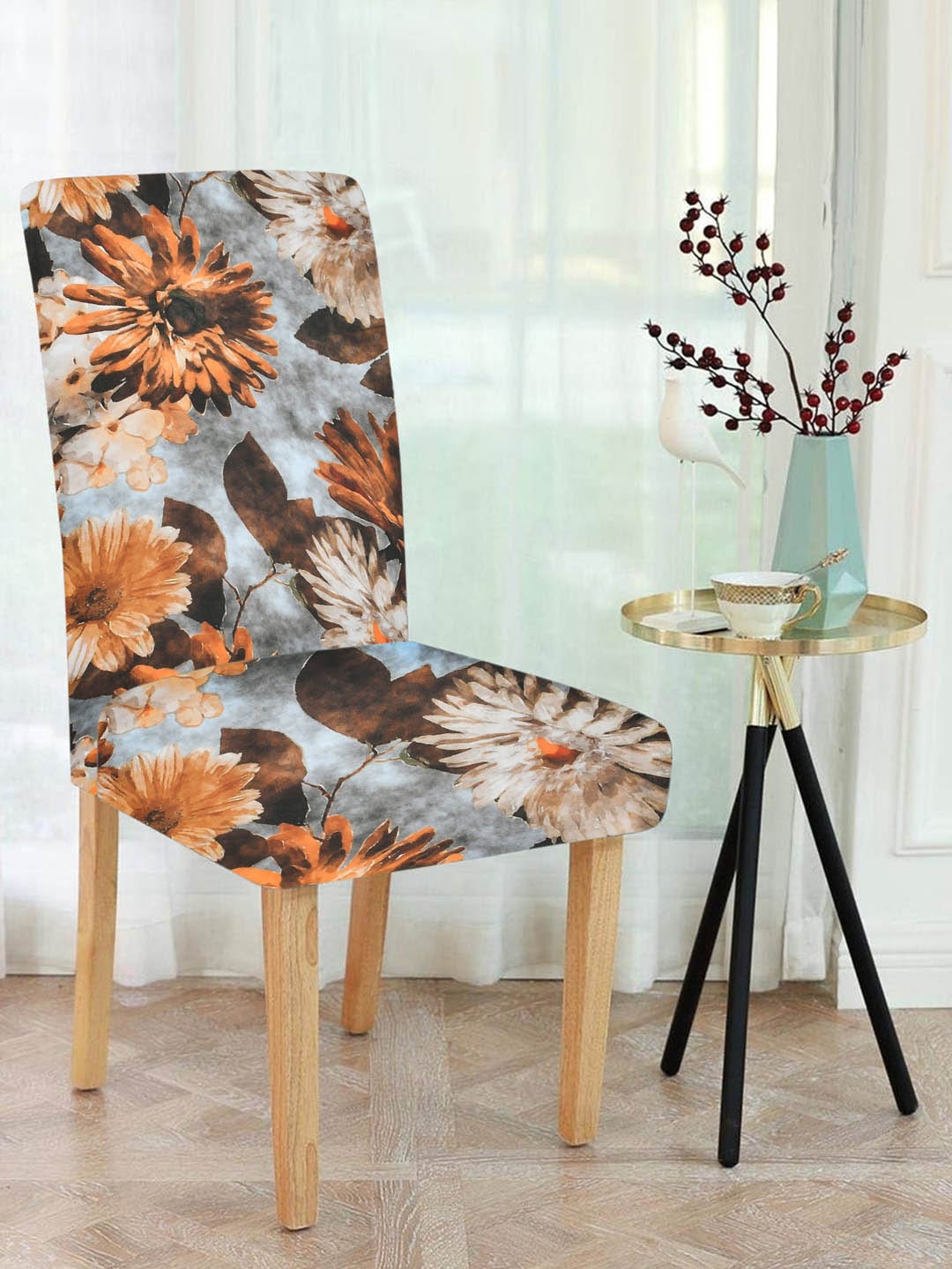 

MULTITEX Set Of 4 Grey & Orange Printed Chair Covers