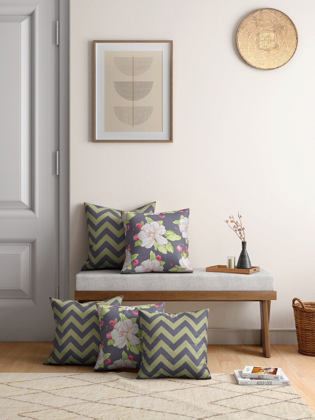 

India Circus by Krsnaa Mehta Set of 5 Grey & Green Satin Cushion Covers