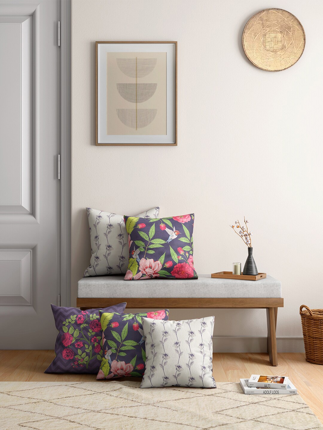 

India Circus by Krsnaa Mehta Grey & Green Set of 5 Floral Satin Square Cushion Covers