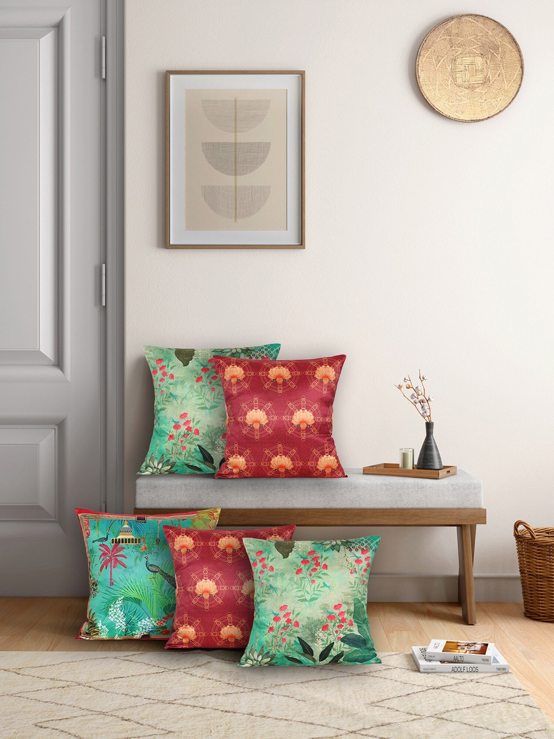 

India Circus by Krsnaa Mehta Red & Green Set of 5 Floral Satin Square Cushion Covers