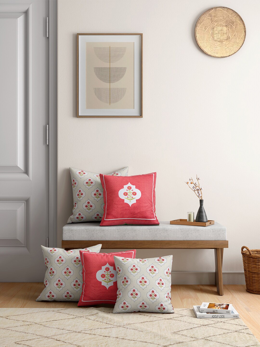 

India Circus by Krsnaa Mehta Multicoloured Set of 5 Floral Satin Square Cushion Covers, Multi