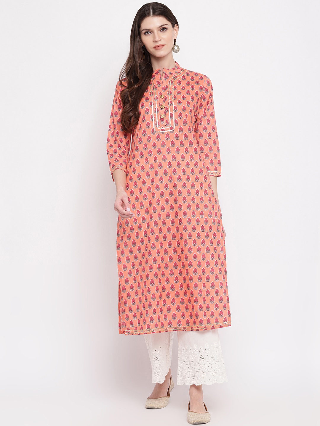 

KALINI Women Orange Ethnic Motifs Printed Thread Work Kurta
