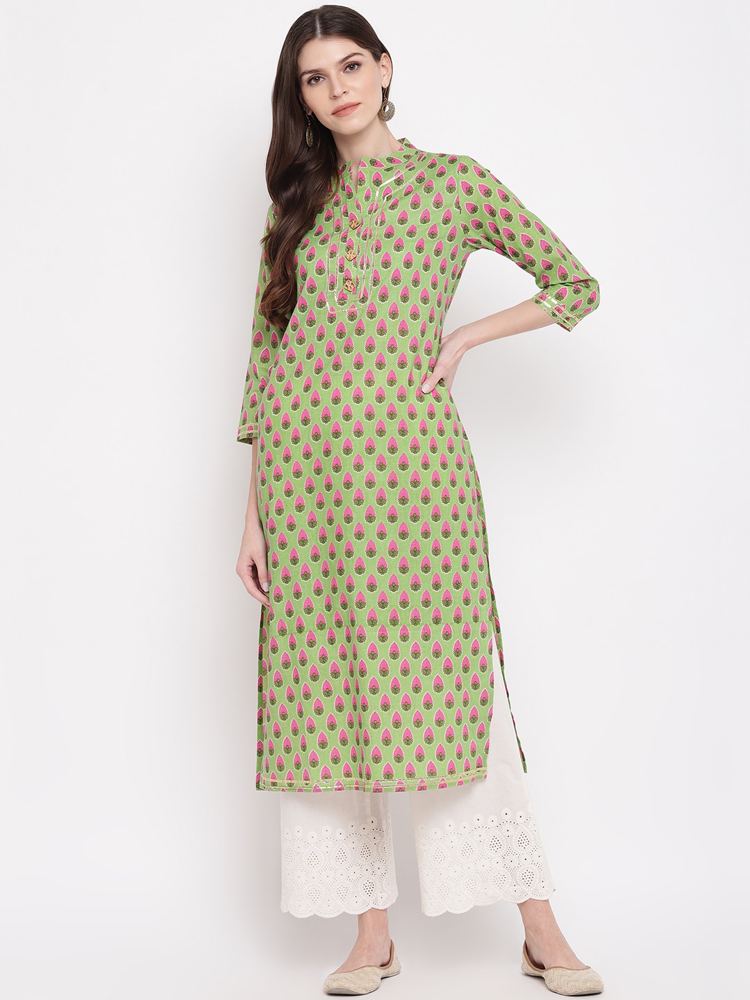 

KALINI Women Green Ethnic Motifs Printed Flared Sleeves Gotta Patti Kurta