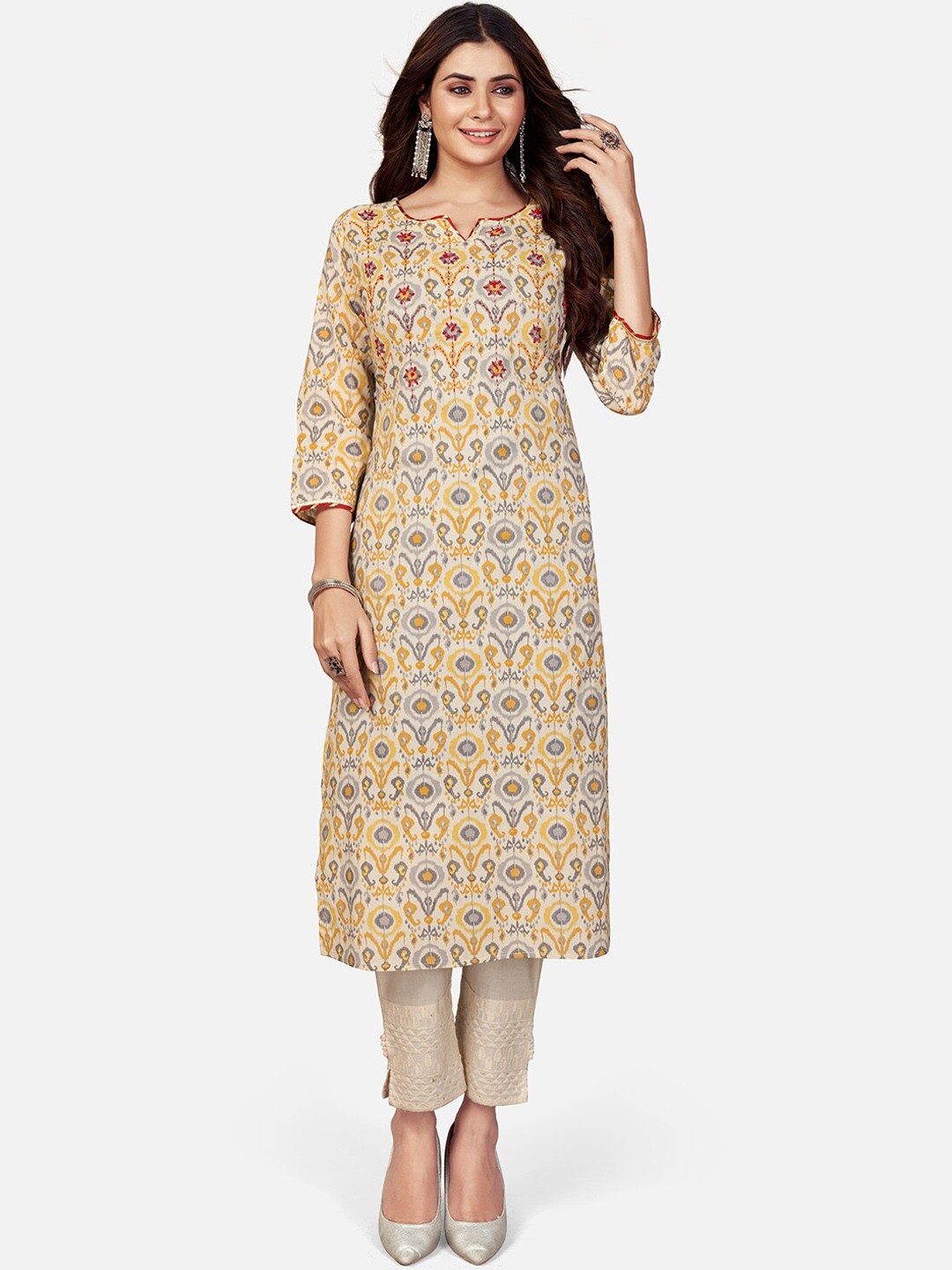 

KALINI Women Cream-Coloured Ethnic Motifs Checked Kurta