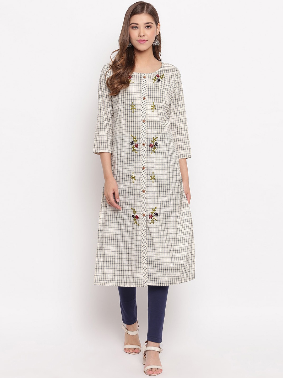 

KALINI Women Beige Checked Thread Work Kurta