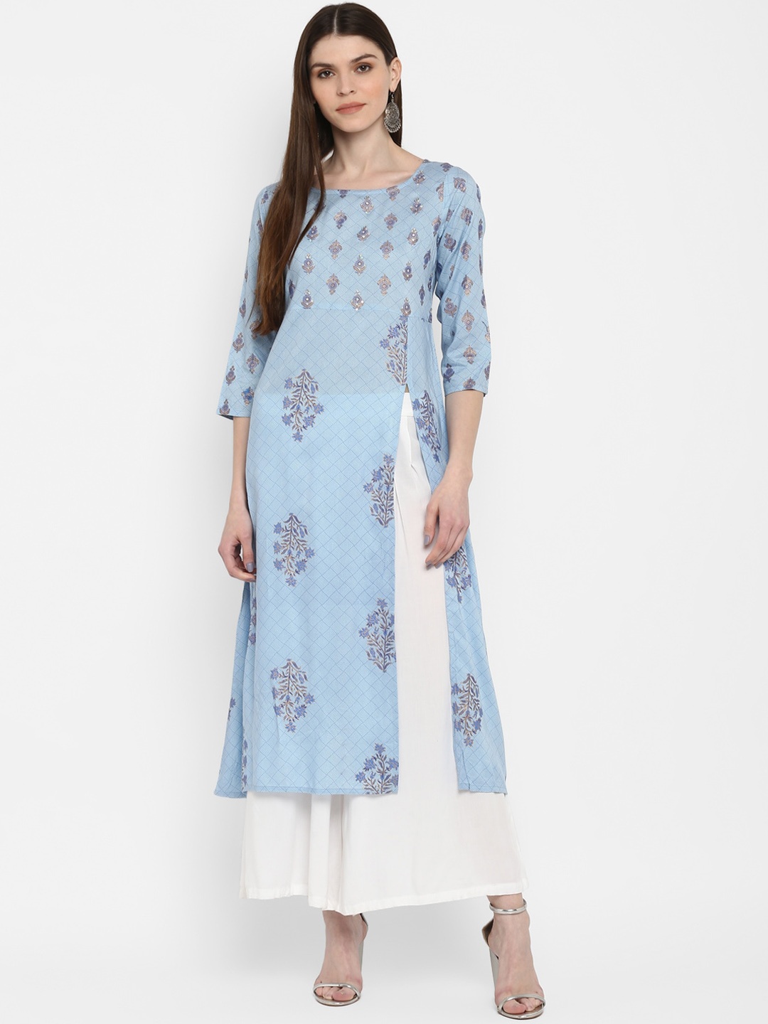 

KALINI Women Blue Floral Printed Sequence Work Kurta