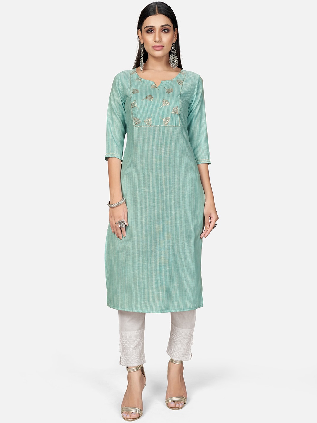 

KALINI Women Turquoise Blue & Golden Striped Kurta