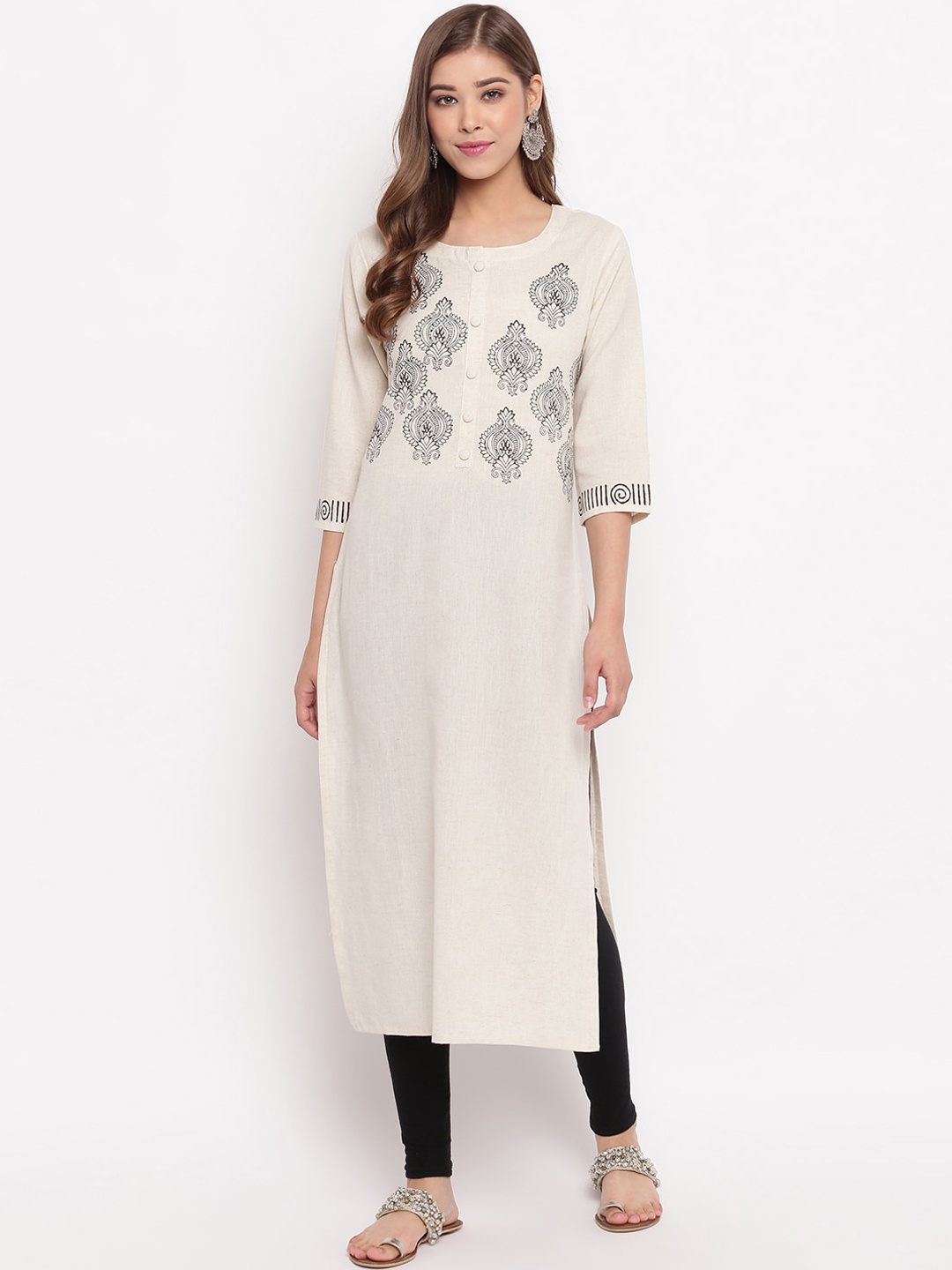 

KALINI Women Beige Floral Yoke Design Thread Work Kurta