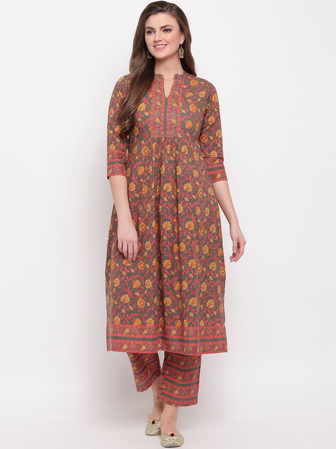 Vbuyz Women Grey & Red Floral Printed Anarkali Kurta