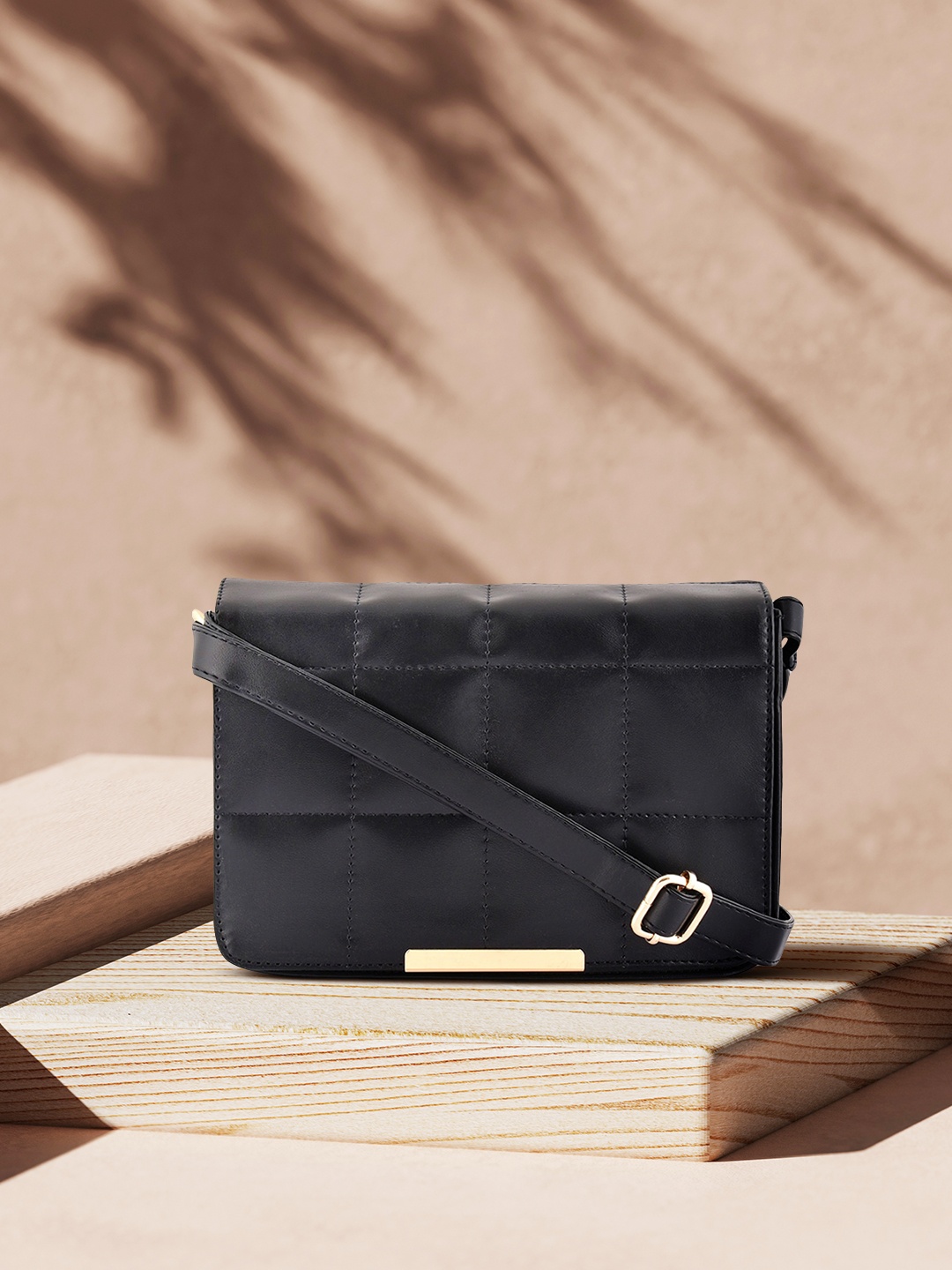 

Lychee bags Black Textured PU Quilted Structured Sling Bag