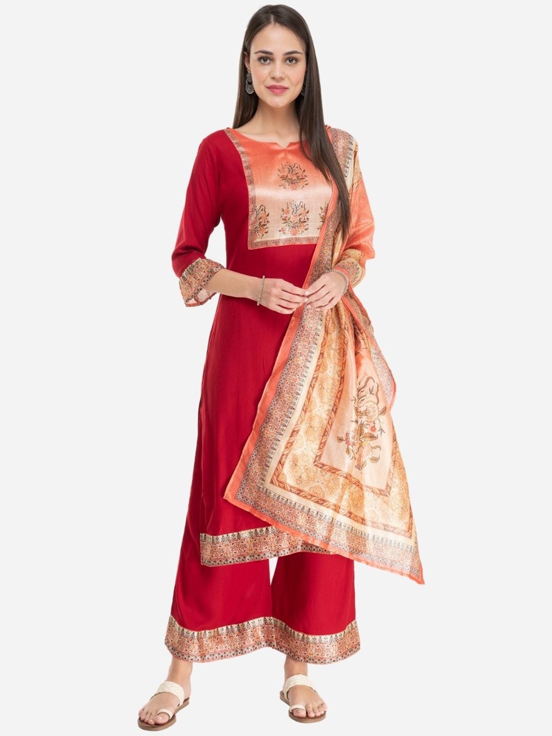 

DesiNoor com Women Red Ethnic Motifs Printed Kurta Palazzo With Dupatta