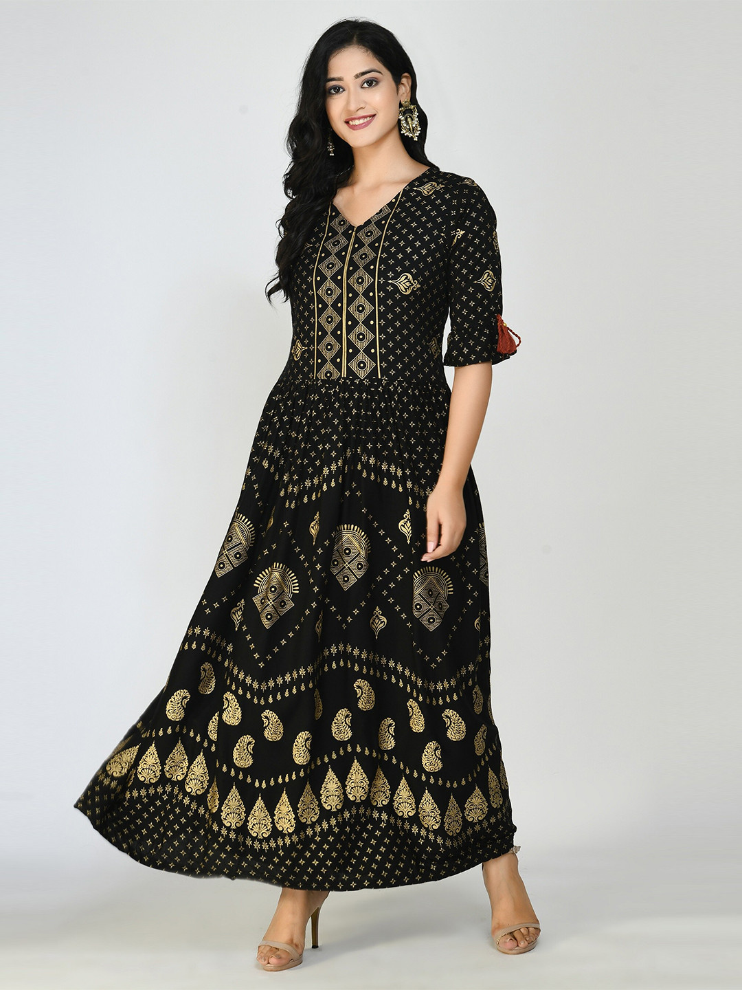 

Altiven Women Black Ethnic Motifs Printed A-Line Maxi Dress