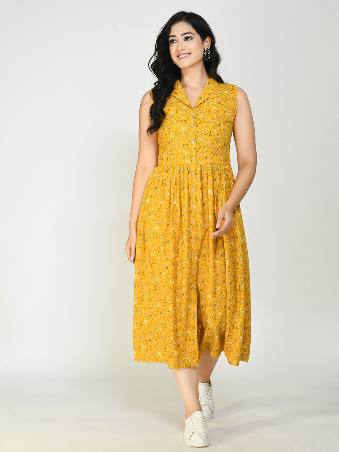 

Altiven Mustard Yellow & White Floral Printed Shirt Midi Dress