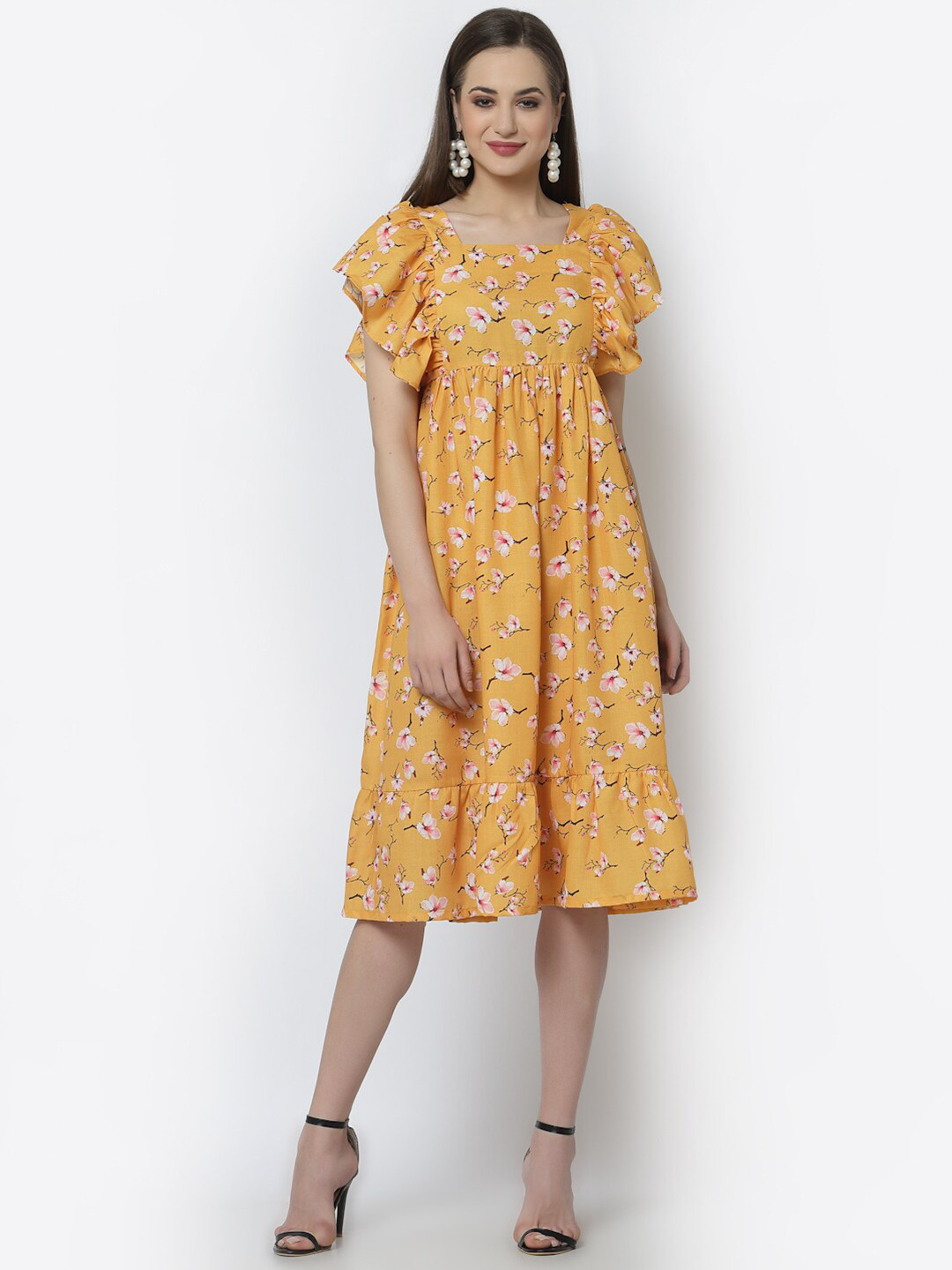 

Altiven Women Yellow Floral Printed Cotton Dress
