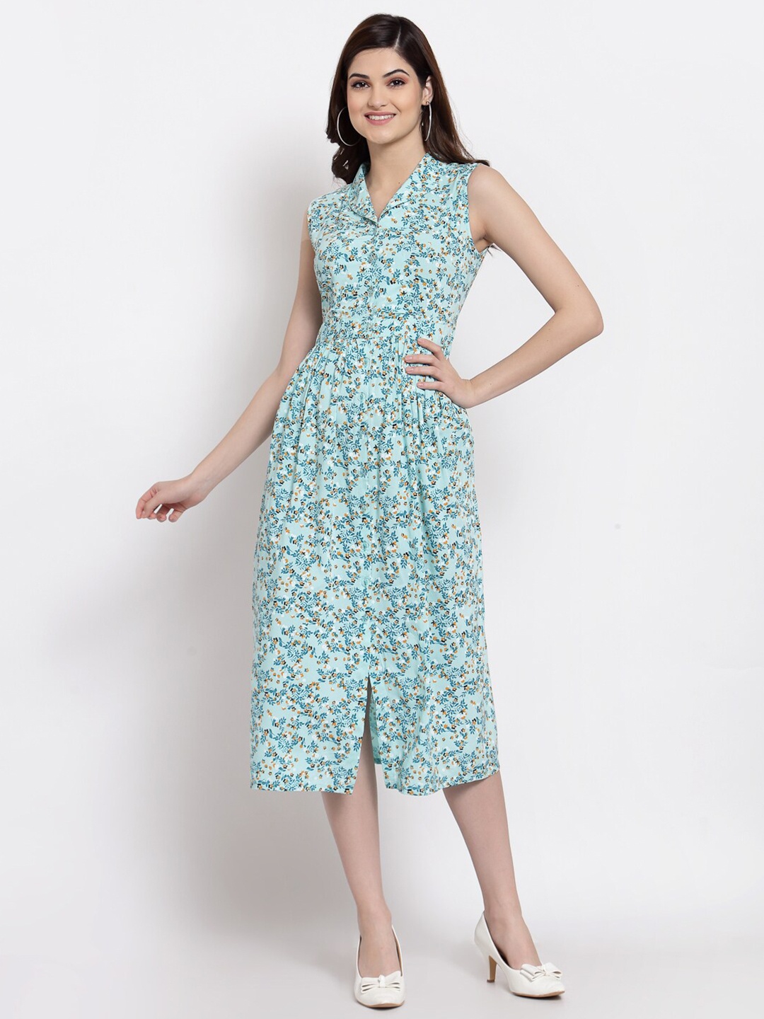 

Altiven Turquoise Blue & Mustard Yellow Floral Printed Shirt Midi Dress