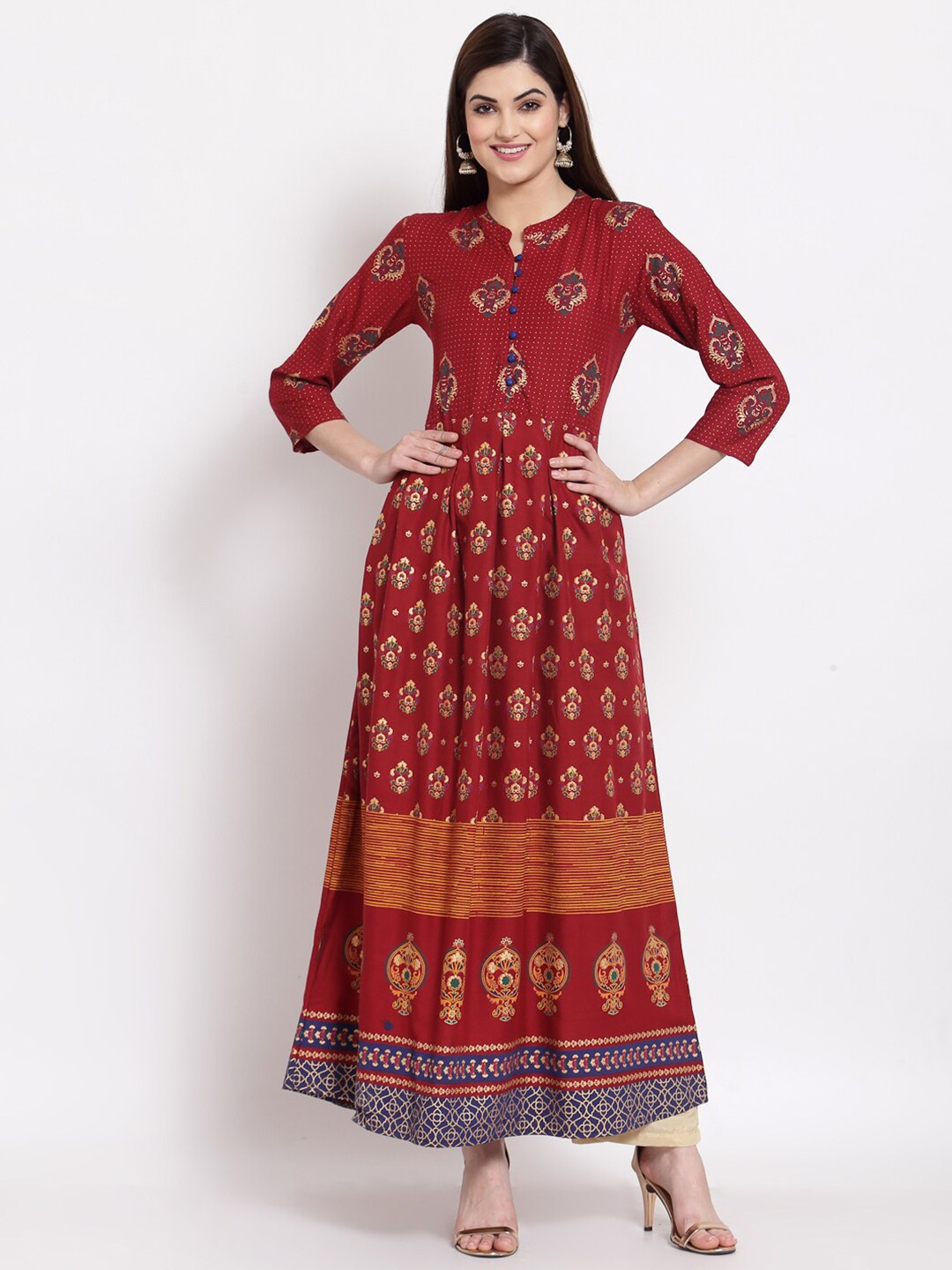 

Altiven Maroon & Golden Ethnic Motifs Cotton Maxi Dress