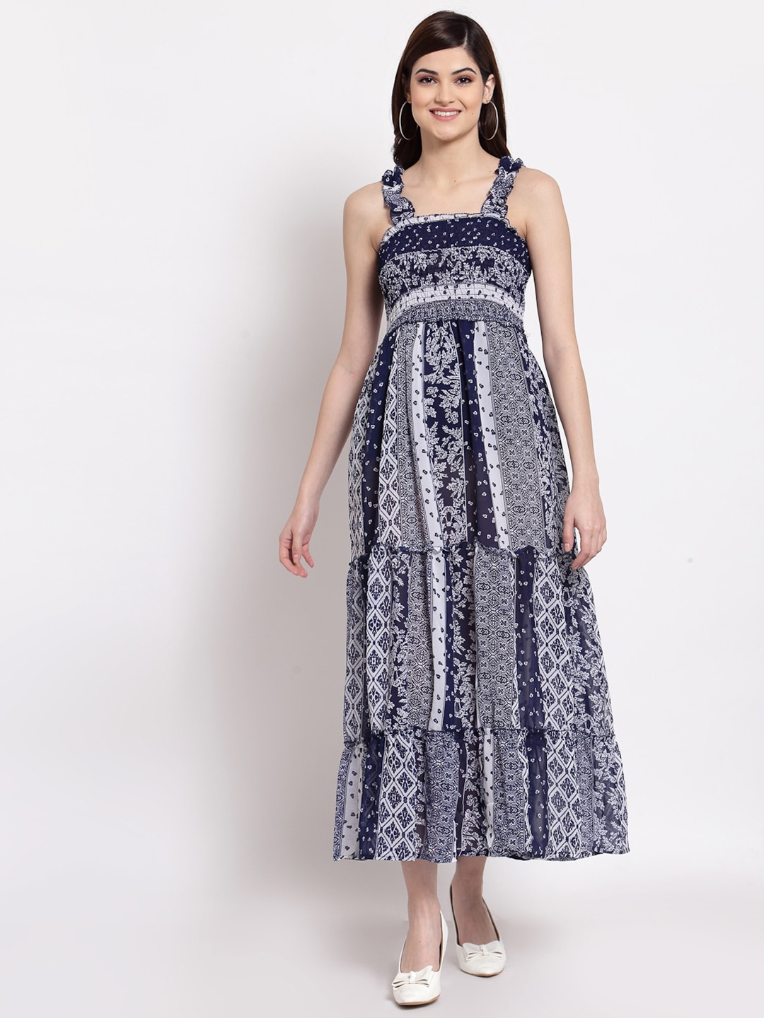 

Altiven Blue Floral Georgette Tiered Maxi Dress