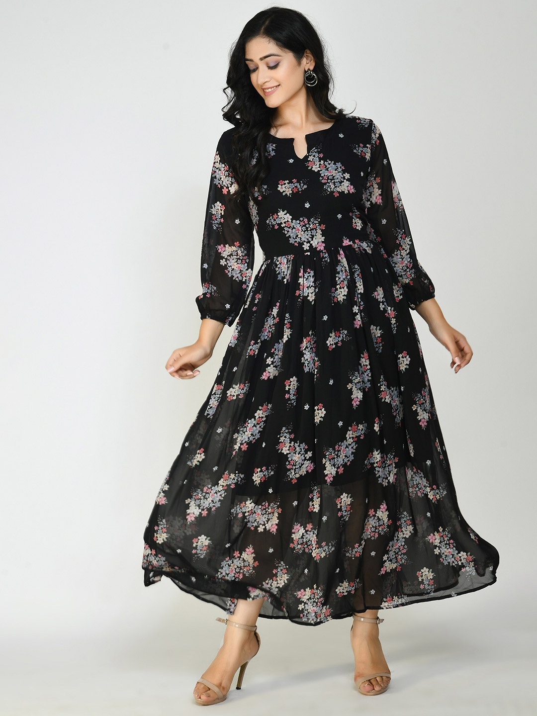 

Altiven Women Black Floral Keyhole Neck Georgette Maxi Dress