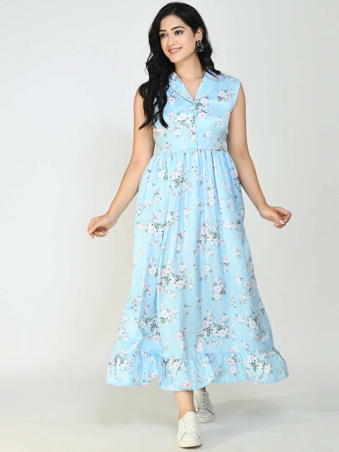 

Altiven Blue & White Floral Printed Cotton Shirt Maxi Dress