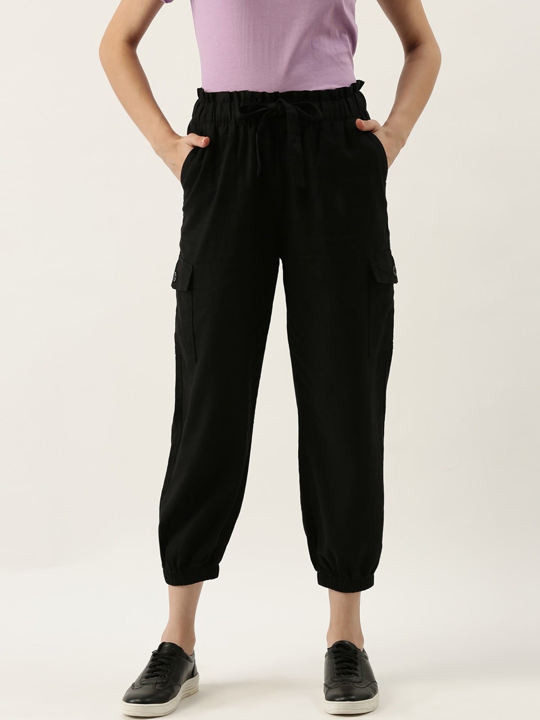

Zink London Women Black High-Rise Elasticated Joggers Trousers