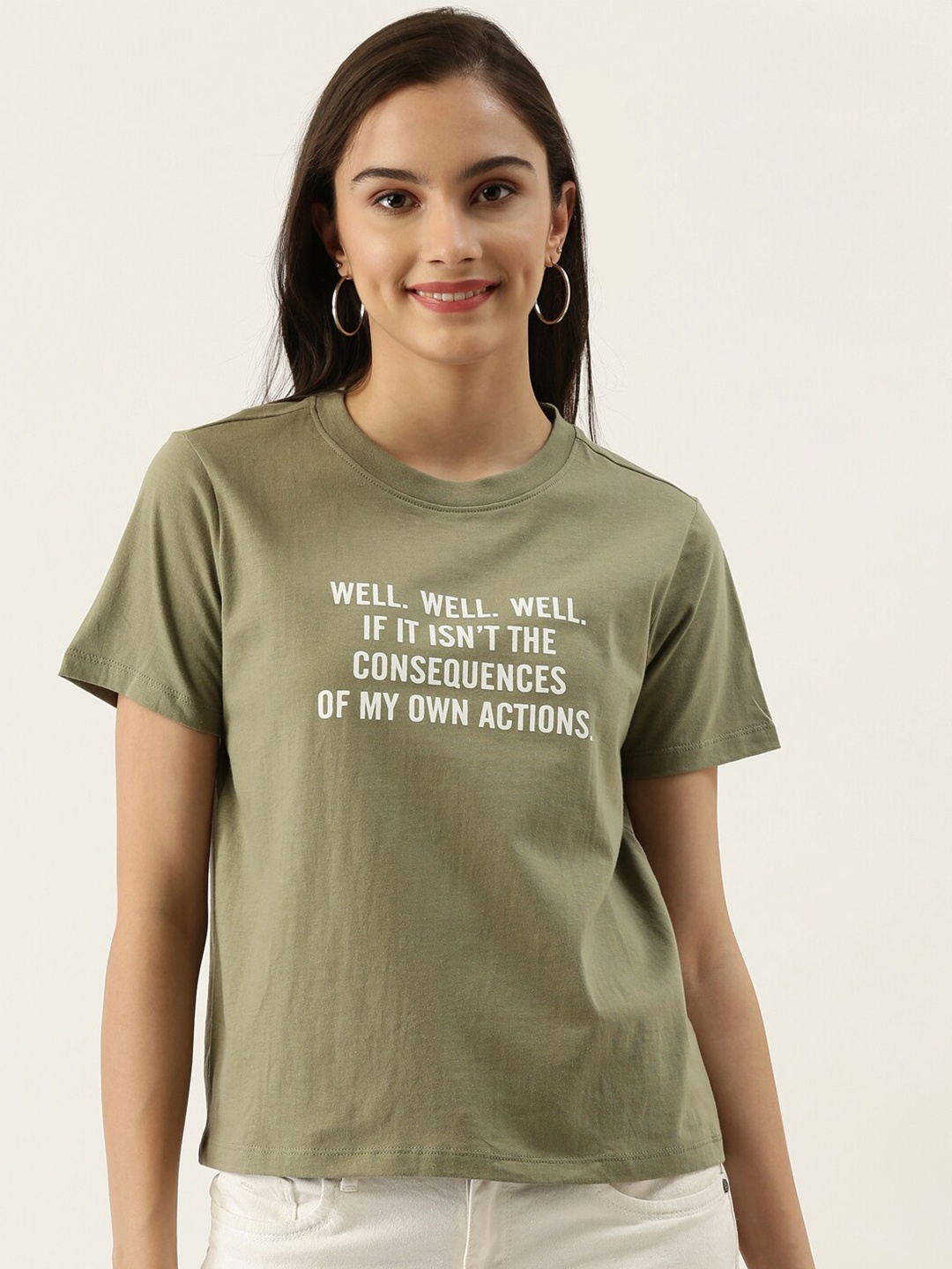 

Zink London Women Olive Green Typography Printed Pure Cotton T-shirt
