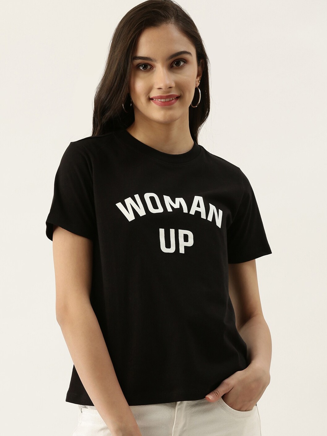 

Zink London Women Black & White Typography Printed T-shirt