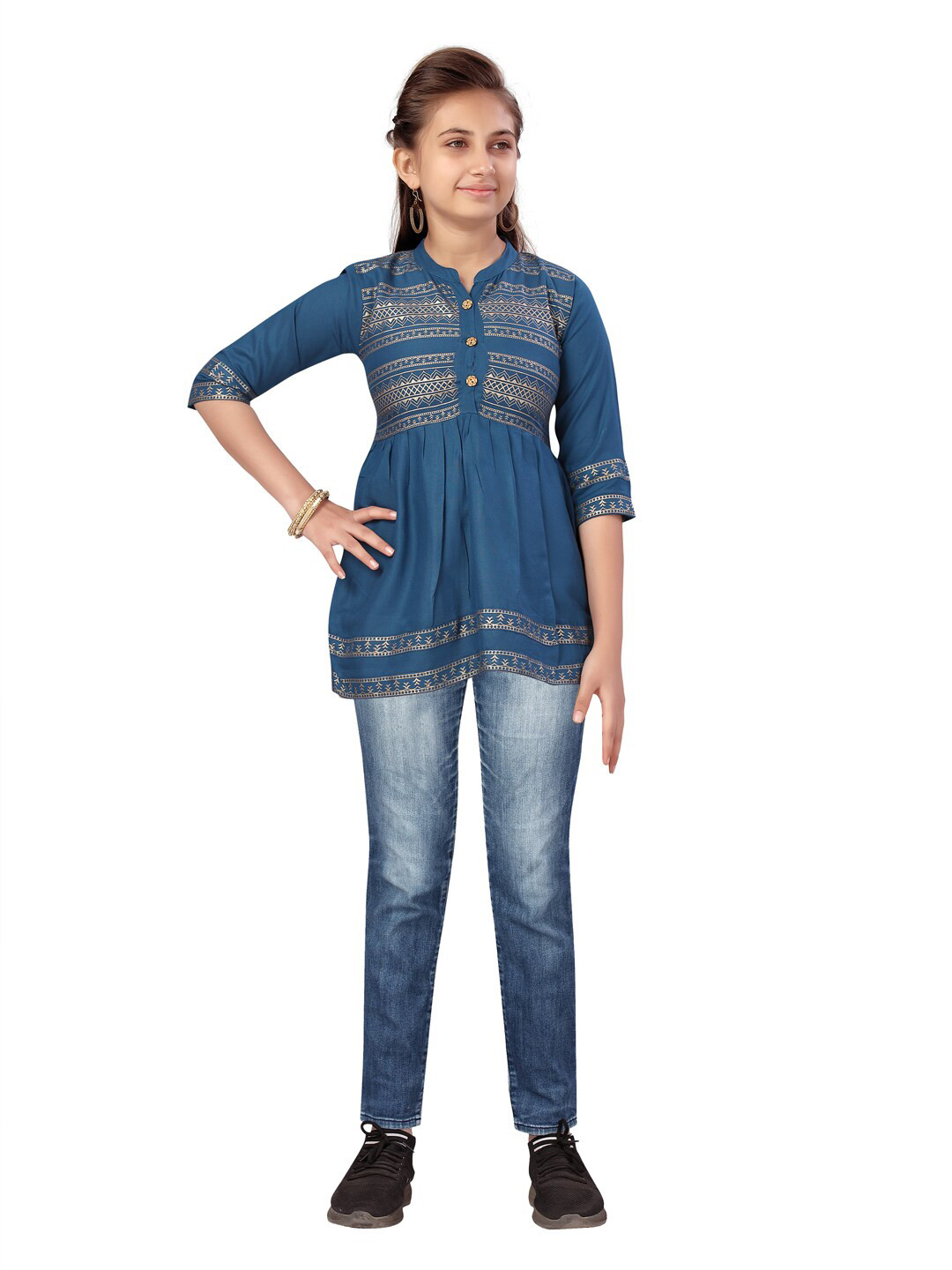 

Aarika Girls Blue Mandarin Collar Pure Cotton Top