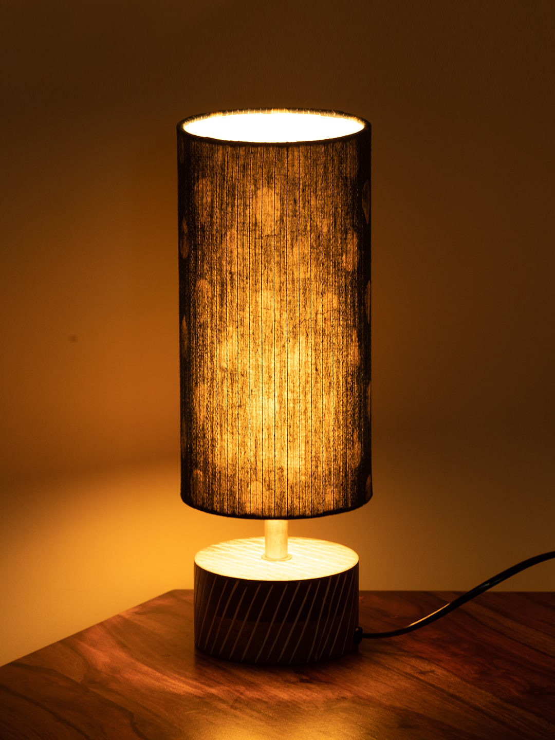 

ExclusiveLane Navy Blue Printed Traditional Cylindrical Wooden Table Lamp