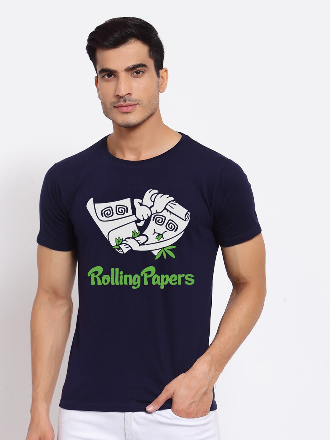 

FERANOID Men Navy Blue & White Printed Bio Finish Pure Cotton T-shirt