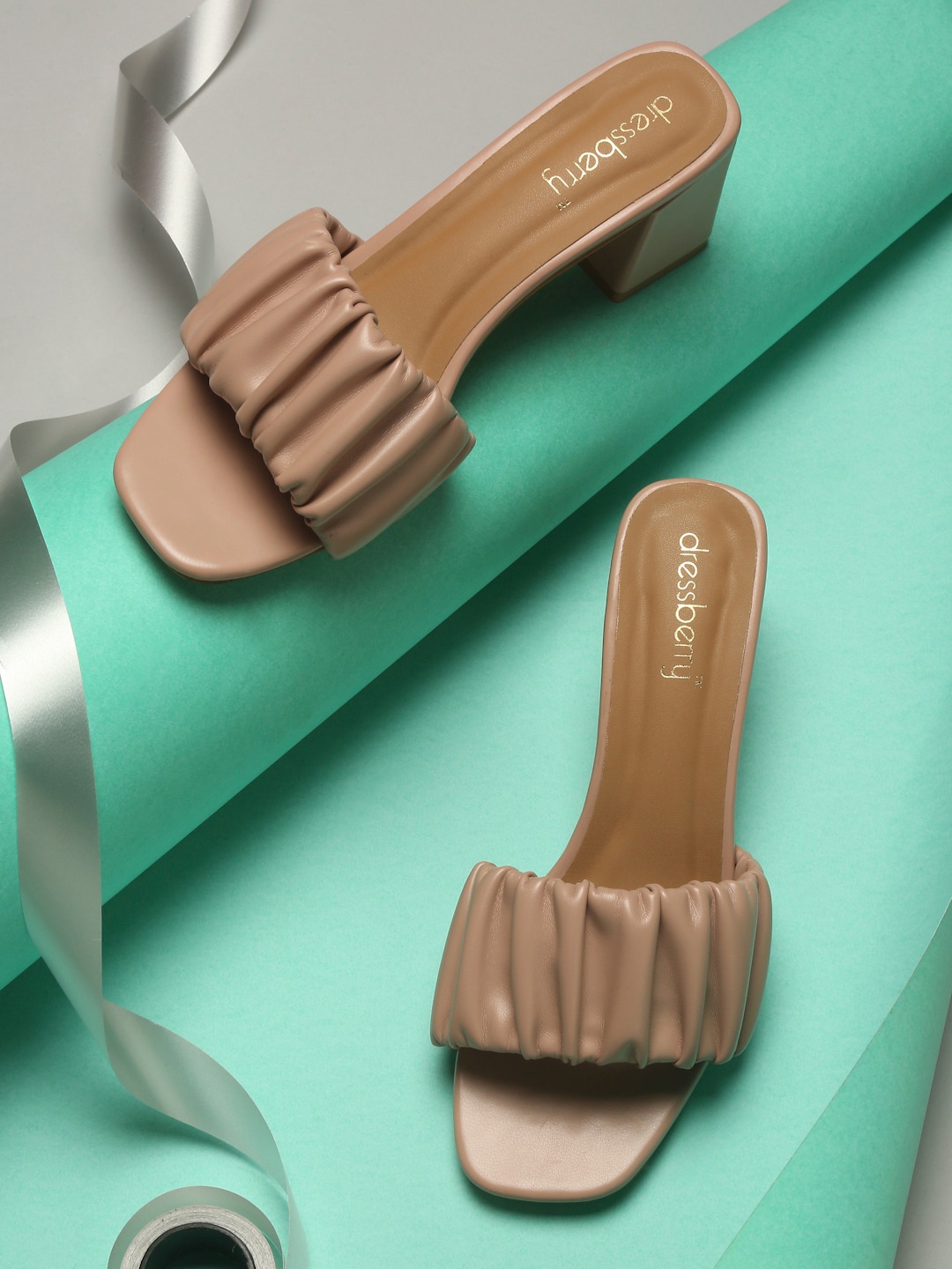 

DressBerry Beige Striped PU Block Mules
