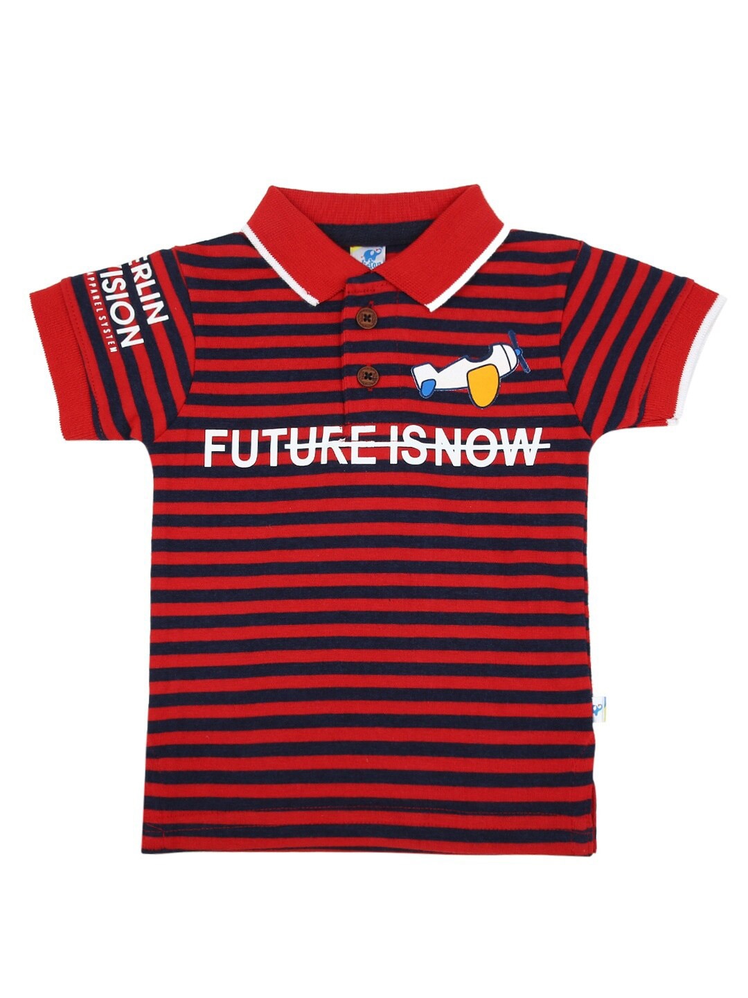 

V-Mart Infant Girls Red & Navy Blue Striped Polo Collar Applique Cotton T-shirt
