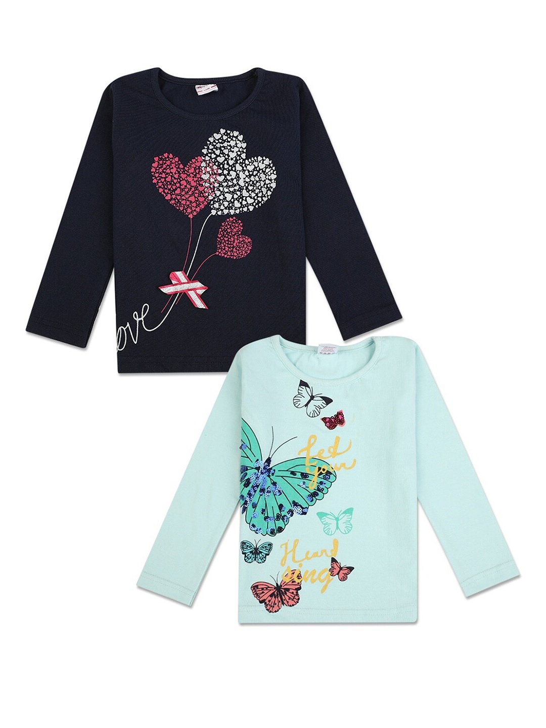 

V-Mart Girls Sea Green & Navy Blue Set Of 2 Printed T-shirt