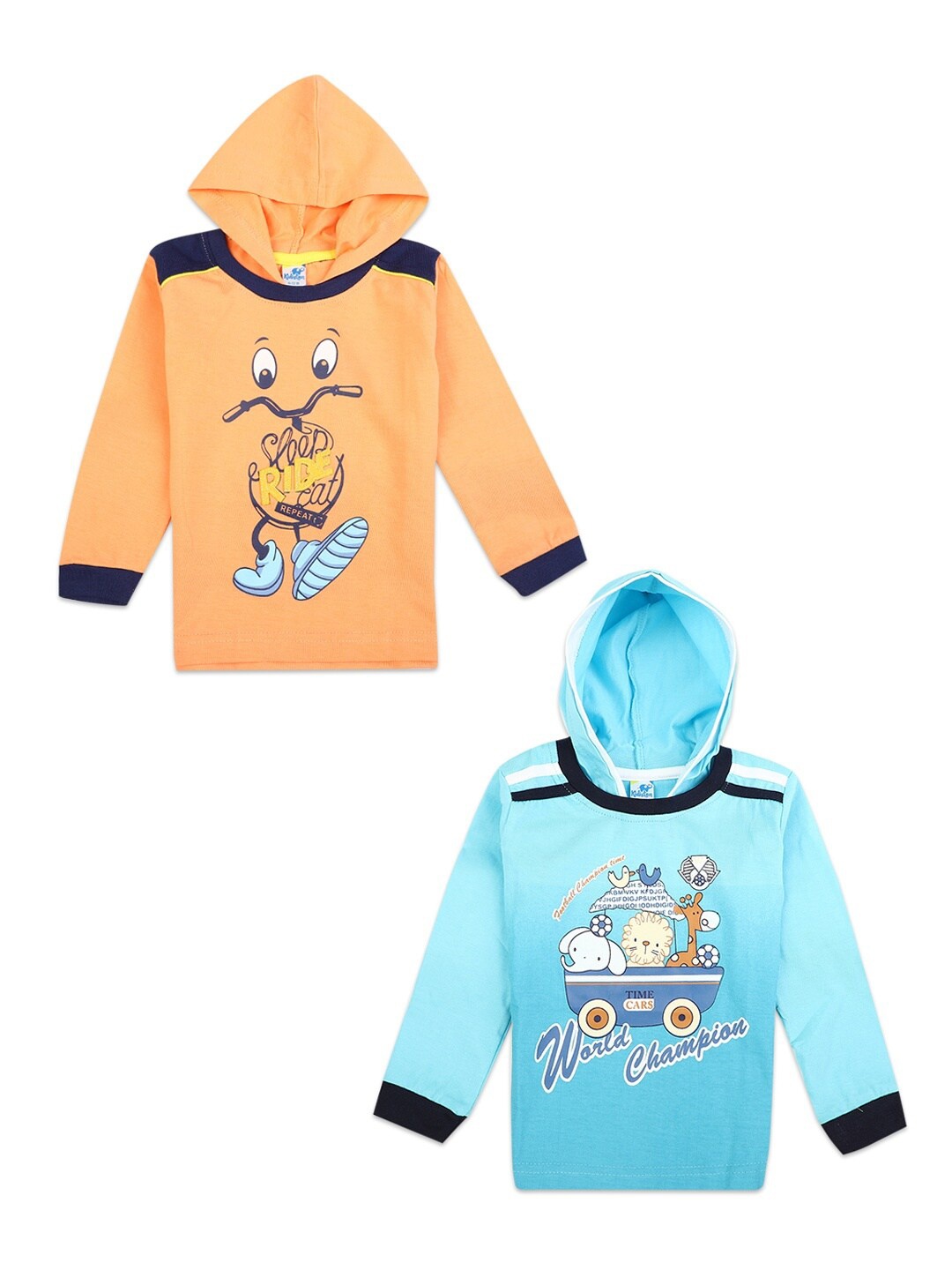 

V-Mart Girls Pack of 2 Peach-Coloured & Blue Printed Hooded Cotton T-shirt