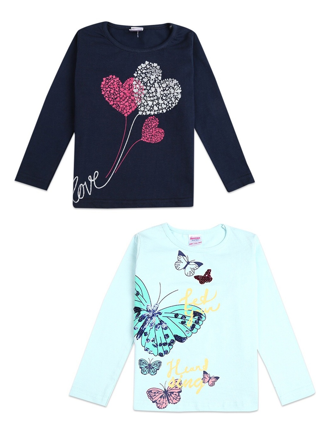

V-Mart Girls Green & Navy Blue Pack of 2 Printed Cotton T-shirt