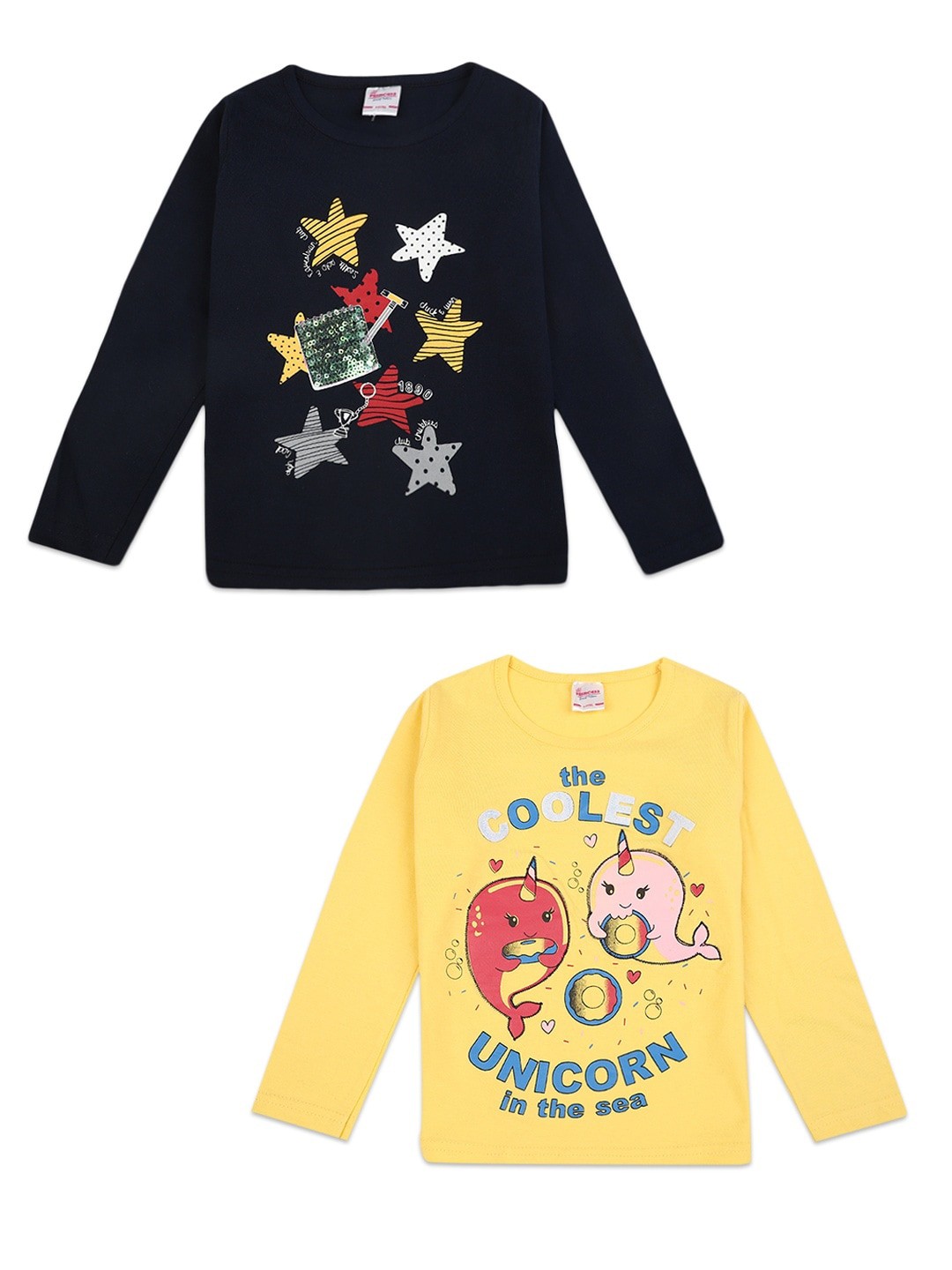 

V-Mart Girls Pack of 2 Yellow & Black Printed Cotton T-shirts