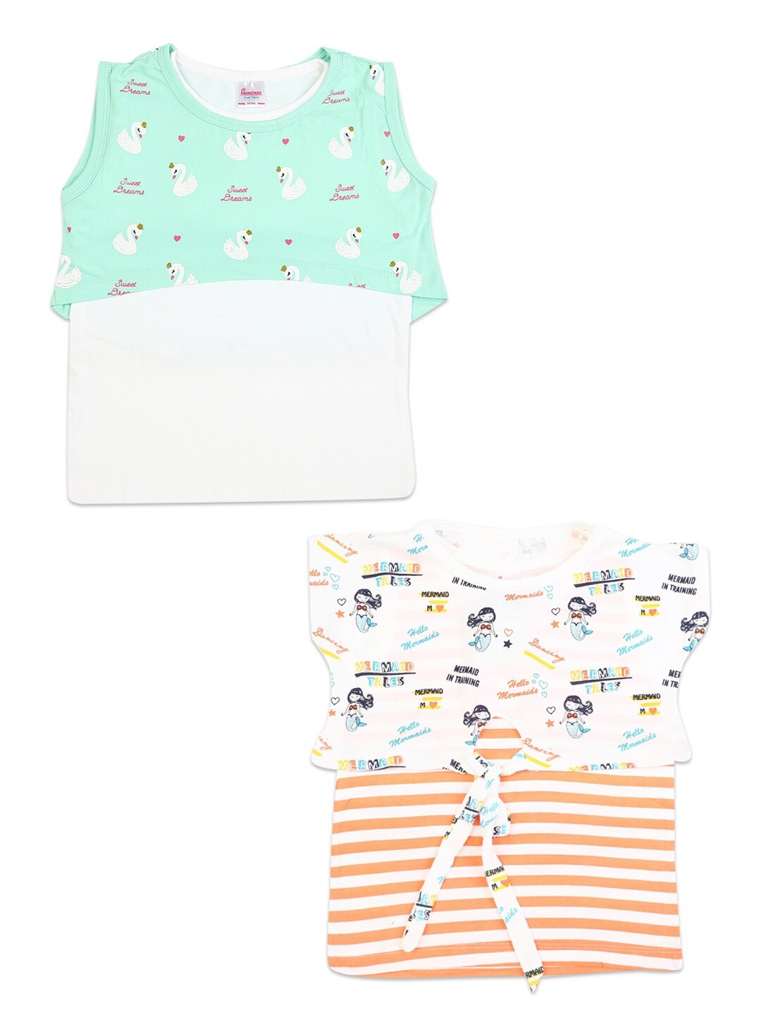 

V-Mart Girls Pack of 2 Orange & Sea Green Striped T-shirt